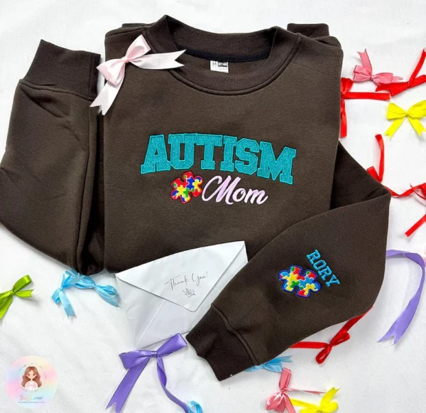 Custom Autism Mom Sweatshirt, Glitter Embroidered, Autism Awareness