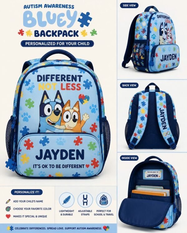 Personalized Name Autism Bluey Kids Backpack for Boys & Girls