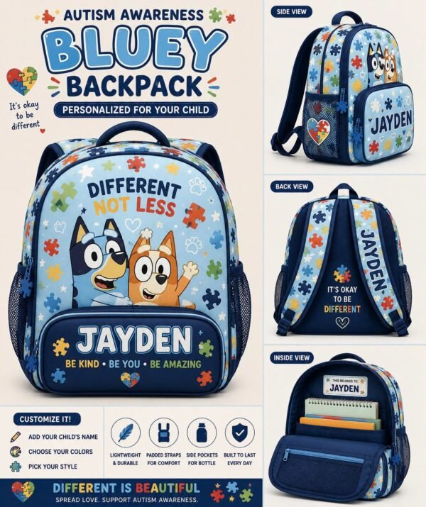 Personalized Name Autism Bluey Kids Backpack for Boys & Girls
